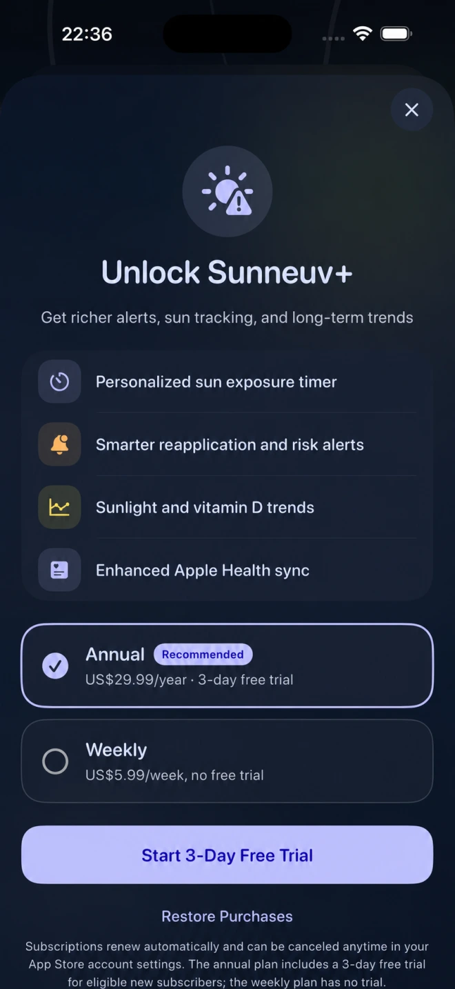 Sunneuv Plus screen with features and annual 3-day free trial option