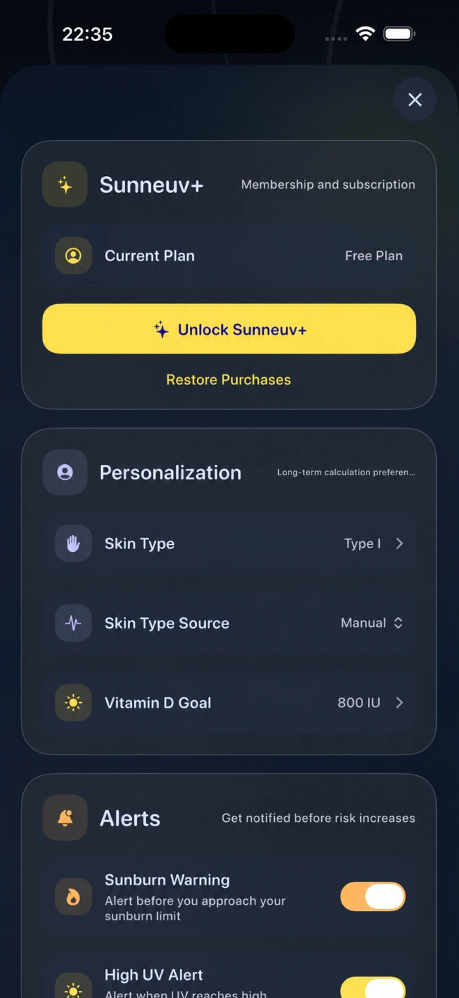 Sunneuv settings showing personalization and alert controls